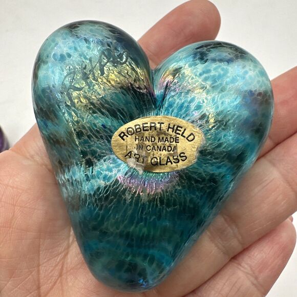 3 Robert Held Heart Glass Paperweight Teal Iridescent Lattice Grid Star Signed - Picture 4 of 11